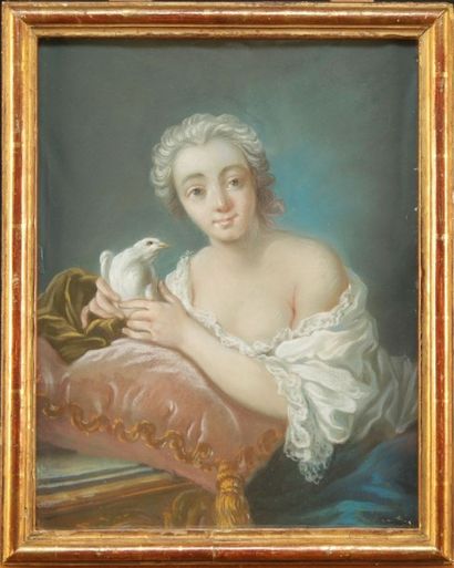 null Ecole française du XIXème, Jeune femme à la colombe, pastel, 42x33 cm