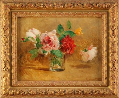 null René-Louis CHRETIEN (1867-1945) " Roses rouges et blanches dans un verre "....