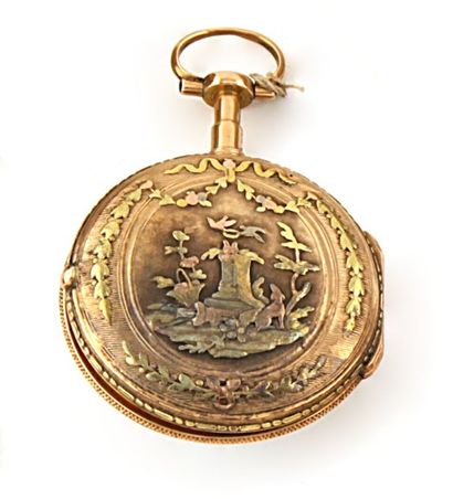 null Montre de poche en or deux couleurs, cadran signé Pierre Lainé à Rouen, époque...