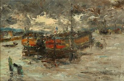 null Maurice VAUMOUSSE (1876-1961),


Péniches sur la Seine.


Huile sur panneau,...