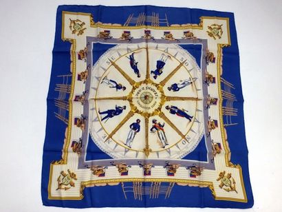 null HERMES, Foulard en soie 90x90 " Porte hélicoptère Jeanne d'Arc". Fond ivoire,...