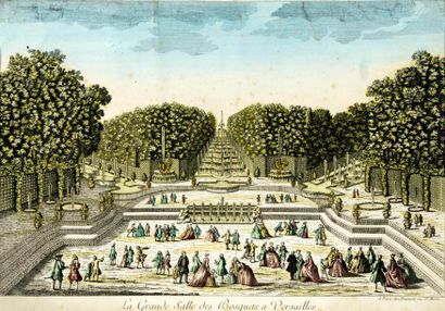 GRAVURE XIXème Vue d'optique La grande salle des bosquets à Versailles gravure 31x44...