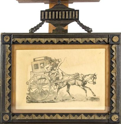 GRAVURE XIXème gravure représentant une calèche de voyageur dans un cadre en bois...