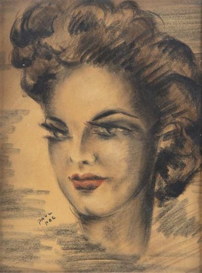 Paul PAC Paul PAC (1920) Portrait de Romy SCHNEIDER Fusain et pastel Signature en...