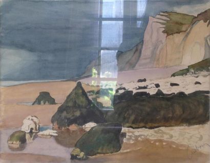 Bernard NEBOUT Bernard NEBOUT Falaises normandes Aquarelle sur papier sous verre...