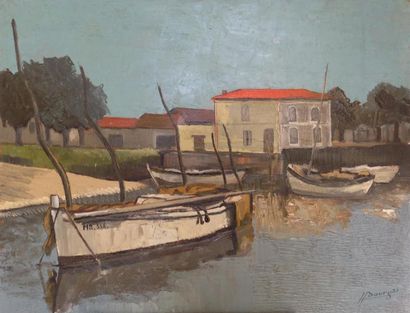 Heni BOURG Henri BOURG Bateaux dans un port Huile sur bois 50 x 65 cm 