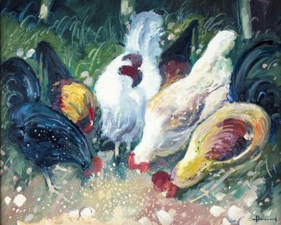 BESNARD BESNARD Les poules Huile sur toile signée en bas à droite 63 x 80 cm