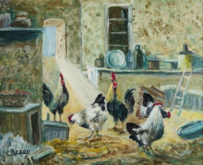 ARSON ARSON Coqs et poules Huile sur toile 30 x 39 cm