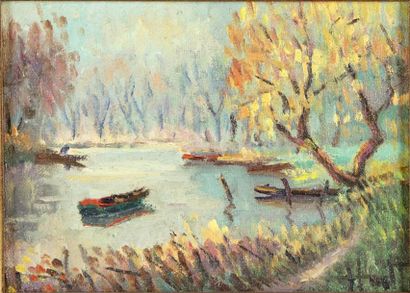 Jacques HUIET Jacques HUET (1937) une barque sur un étang Huile sur toile 17 x 22...