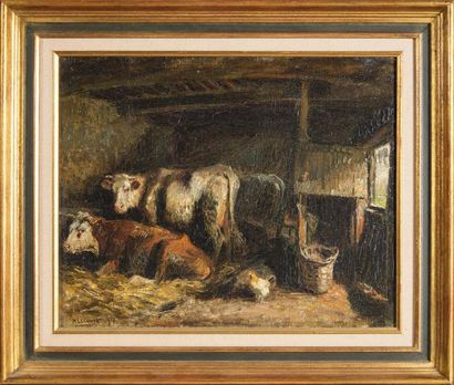 Raymond LECOURT (1882-1946) Raymond LECOURT Vaches à l'étable Huile sur toile signée...