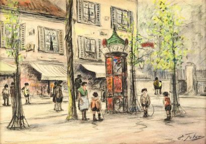 EDOUARD FEBVRE Edouard FEBVRE (1885-1967) Les poulbots autour du kiosque Pastel signé...