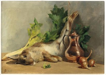 Georges BINET Georges BINET (1865-1949) Nature morte au lièvre Huile sur toile 30...