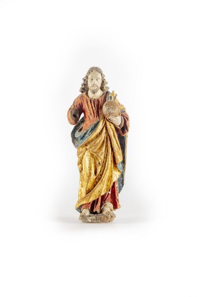 CHRIST SALVADOR MUNDI Christ Salvador Mundi en bois sculpté, polychromé et doré....