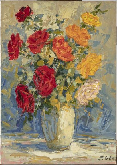 Jean LABAT Jean LABAT Bouquet de fleurs dans un vase Huile sur toile 65 x 46 cm