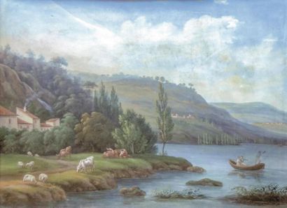 Ecole SUISSE vers 1820 ECOLE SUISSE vers 1820 Paysage lacustre avec personnages dans...