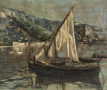 LOUIS JACQUES VIGON Louis Jacques VIGON (1897-1985) Barque sur la seine Huile sur...