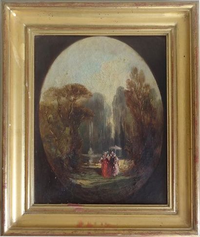 Tony JOHANNOT Tony JOHANNOT (1803-1852) Jeunes femmes dans un parc Huile sur toile...