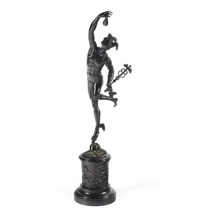 null D'après Jean de BOLOGNE
Mercure 
Sculpture en bronze patiné sur socle en marbre...