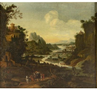null Entourage de Jan GRIFFIER (1645-1718)
Village devant un paysage fluvial, voyageurs.
Huile...