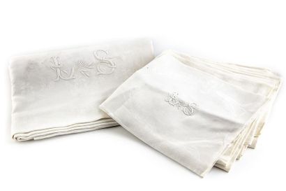 null Nappe et 10 serviettes de table en damas de coton blanc à motifs tissés brillants...