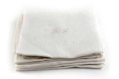null Huit serviettes de table en damas de coton blanc à motifs tissés brillants sur...
