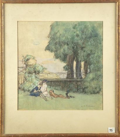 null Charles Auguste EDELMANN (1879-1950)
Conversation au jardin
Aquarelle
Signé...