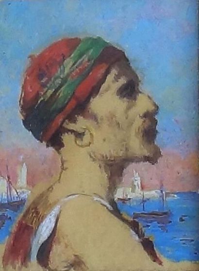 null Marcel MEYS attribué à (1886-1972)
Profil d'oriental sur fond de mer
Aquarelle,...