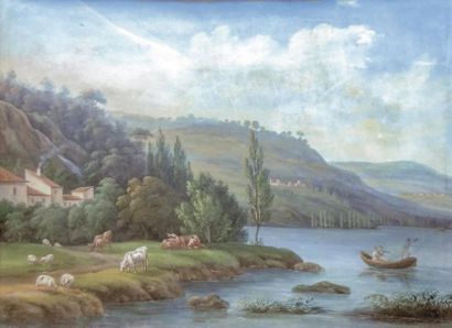 null École SUISSE vers 1820

Paysage lacustre avec personnages dans une barque et...