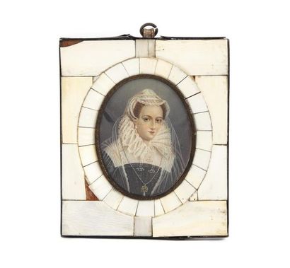 null École FRANCAISE DU XIXe
Portrait présumé de Marie Stuart
Miniature à vue ovale
Monogrammé...