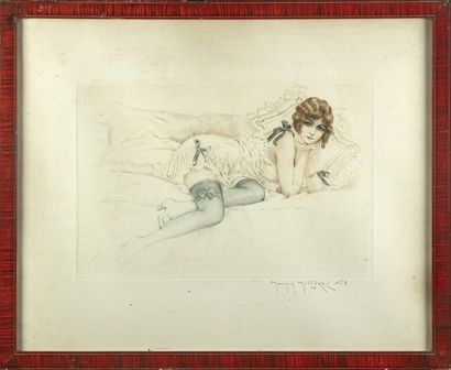 null Maurice MILLIER (1871-1946)
Jeune femme alanguie
Gravure en couleur contresignée...