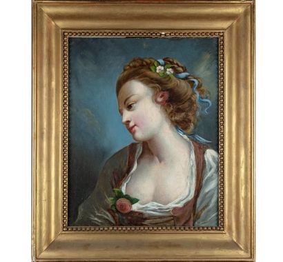 null ÉCOLE FRANCAISE du XIXe
Portrait de femme au ruban bleu dans le style du XVIIIe
47...