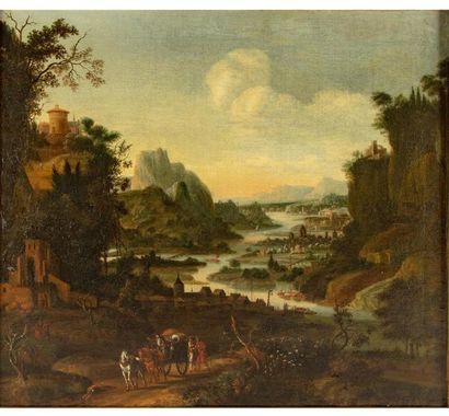 null Entourage de Jan GRIFFIER (1645-1718)
Village devant un paysage fluvial, voyageurs
Huile...