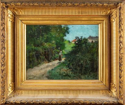 null Jules PETILLON (1845-1899)
Paysanne de dos marchant sur un chemin
Huile sur...