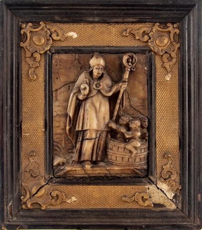 null MALINES (?) - Flandres XVIIe
Saint Nicolas et les enfants 
Plaque en albâtre...