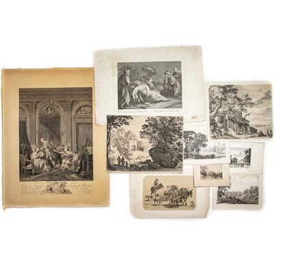 null Ensemble de 9,gravures du XVIIIe siècle : paysages - scène antique - vie quotidienne...