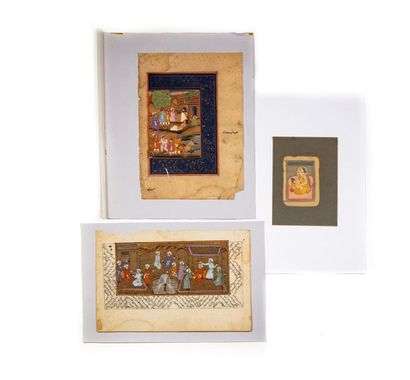 null INDES 
Trois miniatures sur papier représentant une scène de cour, et divers...