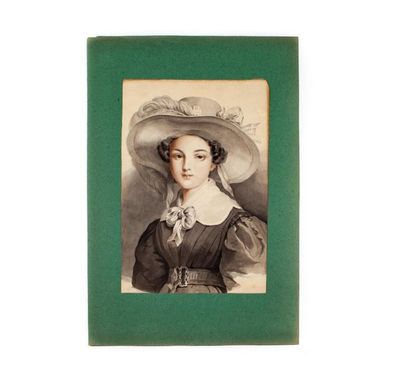 null École FRANCAISE vers 1830
Portrait de jeune fille au chapeau à plumes
Dessin...