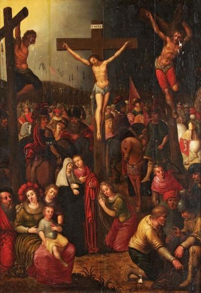 Ecole FLAMANDE du XVIIème siècle, entourage d'Ambrosius FRANCKEN La Crucifixion Panneau...