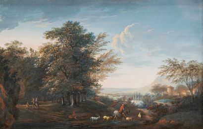THEVET (Actif à la fin du XVIIIème siècle) Promeneurs et moutons dans un paysage...