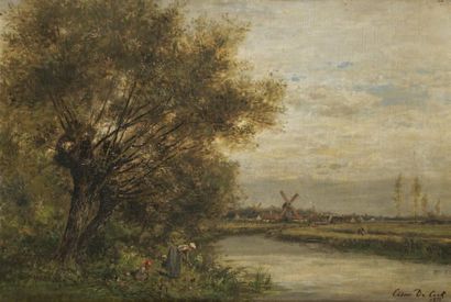 César de COCK (1823-1904) Paysage à la rivière et au moulin. Huile sur toile signée...