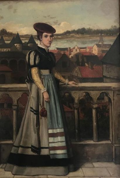 null Franz VINETH (?) 
Femme à la balustrade dans le style de la Renaissance 
Huile...