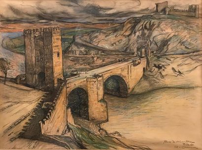 null Augustin CARRERA (1878-1952) 
Pont de Toledo 
Pastel et crayon sur papier signé...
