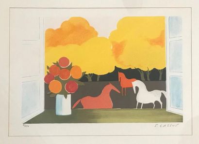 null Serge LASSUS (Né en 1933) 
Composition à la fenêtre et aux chevaux 
Estampe...