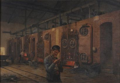E.MARION Intérieur d'usine. Huile sur toile signée en bas à droite, datée 1886. 84...