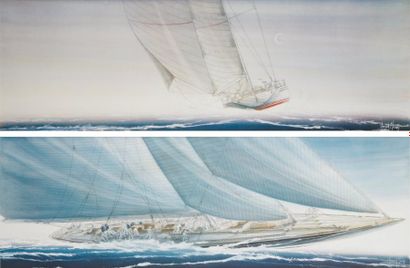 Yannick MANNIER ( Actif au XX°siècle) « Bateaux » - « Régates » Deux aquarelles formant...