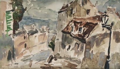 Fernand HERBO (1905-1995) Rue à Montmartre. Aquarelle signée en bas à gauche. 22...