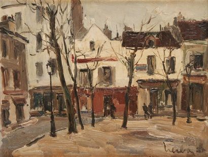 Fernand HERBO (1905-1995) Place du Tertre. Huile sur panneau, signé en bas à droite....