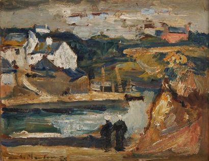 André PLANSON (1898-1981) La maison rose au port de Doelan. Huile sur carton signée...