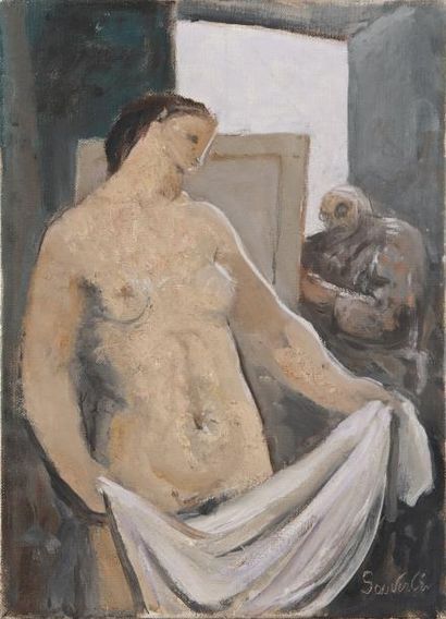 Jean SOUVERBIE (1891-1981) Le peintre et son modèle dans l'atelier. Huile sur toile,...