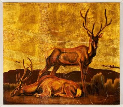 André MARGAT (1903-1999) « Deux cerfs au repos ». Panneau en bois à décor peint à...